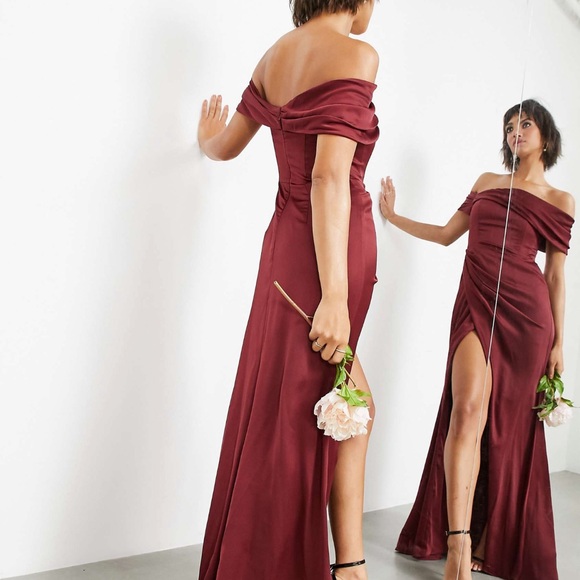 Bridesmaid satin bardot drape wrap maxi dress in wine - Picture 3 of 4